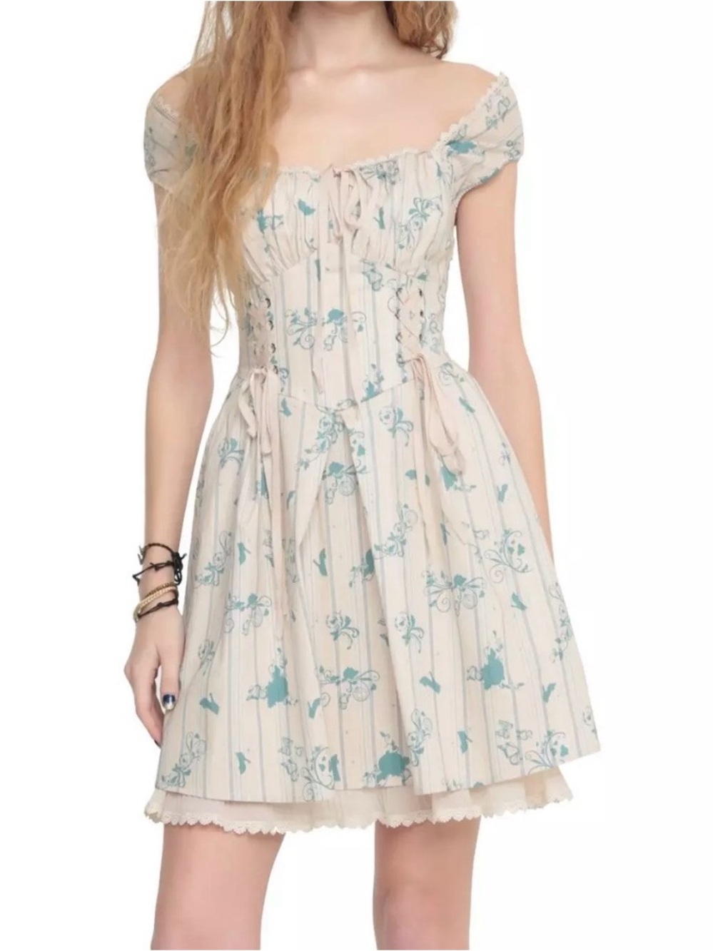 Hot Topic Cinderella Cream Mini Dress with Aqua Print